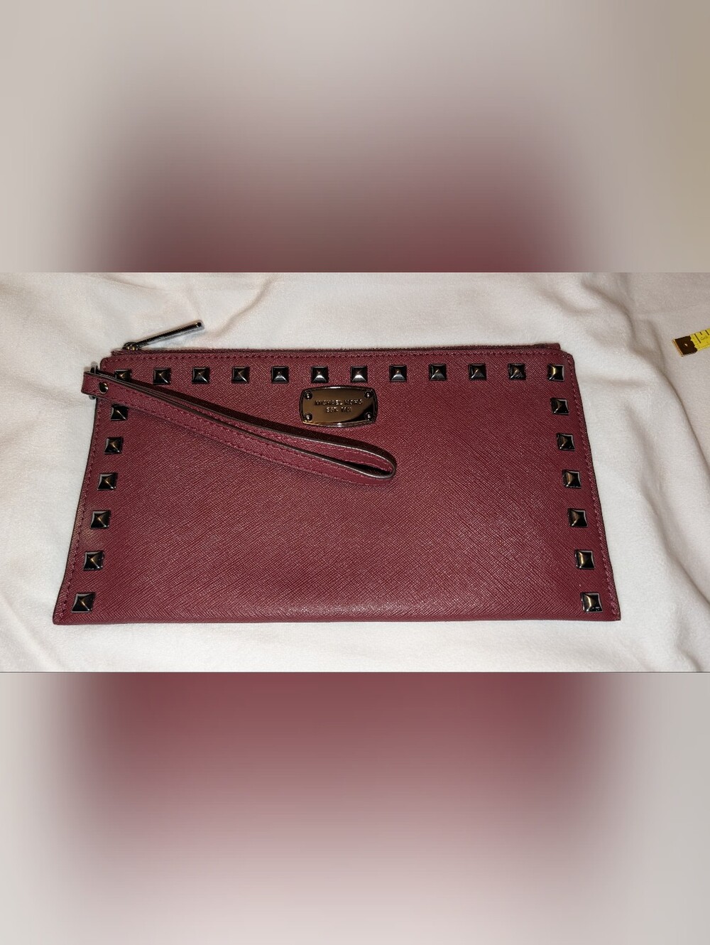 Michael Kors Saffiano Leather Wristlet Clutch Burgundy Gunmetal EUC